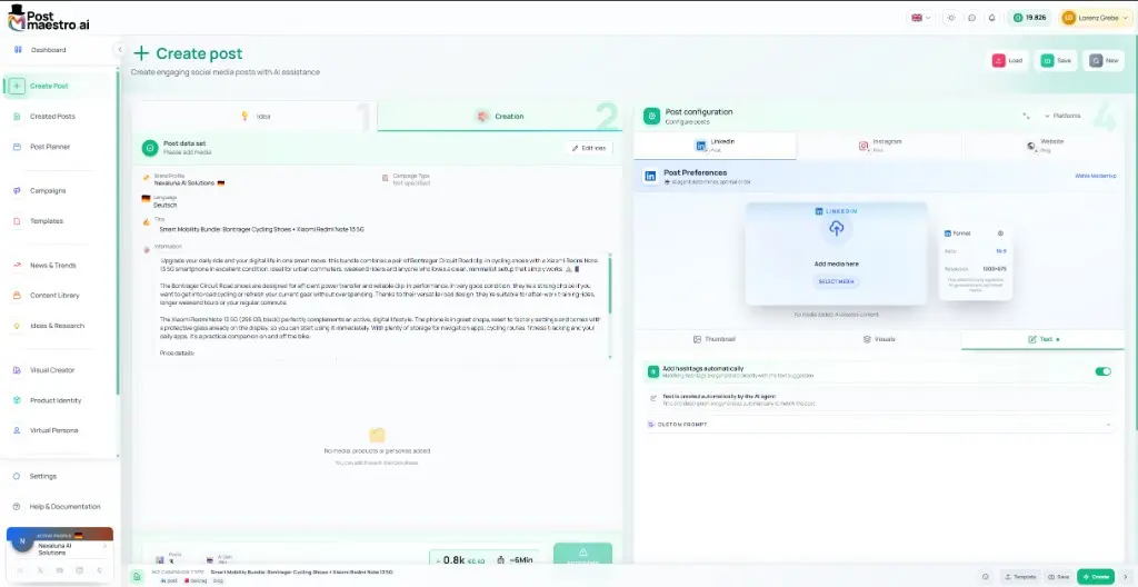PostMaestro-Oberfläche zum Erstellen und Konfigurieren eines Social-Media-Beitrags